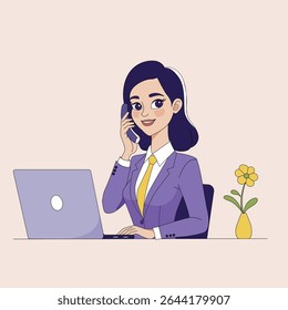 Cartoon illustration of a businesswoman in a purple suit talking on the phone while working on a laptop at her desk with a flower vase beside her.