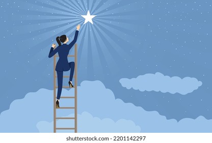 Cartoon illustration of a businesswoman reaching out for the star using ladder