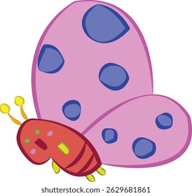 A cartoon illustration of butterfly, with simple design style, red body, pink and blue wings, vector insect