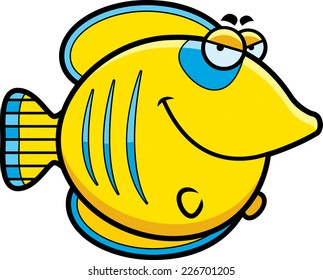 A cartoon illustration of a butterflyfish with a sly expression.