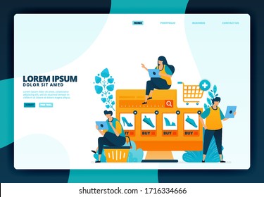 Cartoon illustration of buying fashion in e-commerce. Vector design for landing page website web banner mobile apps poster