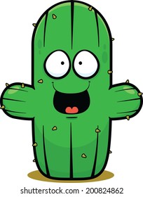 Cartoon illustration of a cactus with a happy expression. 