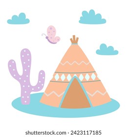 cartoon illustration with cactus, wigwam, clouds and butterfly on white background in flat style, wild west concept