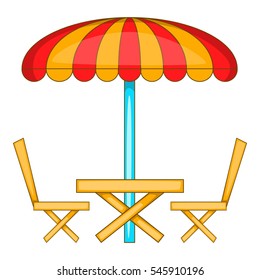 Cartoon illustration of cafe table with sun umbrella vector icon for web design