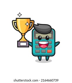 Cartoon Illustration of calculator is happy holding up the golden trophy , cute style design for t shirt, sticker, logo element