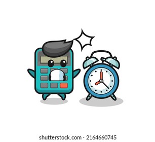 Cartoon Illustration of calculator is surprised with a giant alarm clock , cute style design for t shirt, sticker, logo element