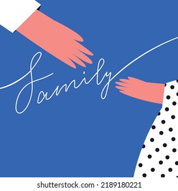 Cartoon illustration with calligraphic lettering on the theme of family. The little daughter trustingly holds out her hand to dad. Baby in a white dress with black polka dots. Cute family card.