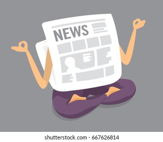 Cartoon illustration of calmed newspaper practicing yoga or meditation 