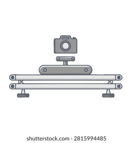A cartoon illustration of a camera mounted on a slider rail system used for smooth tracking shots in video production and professional photography.