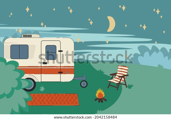Cartoon illustration\
of a Camper RV in the forest. Trailer for a roadside house among\
the trees. Landscape with a vehicle for recreation and camping\
travel. Vector\
illustration