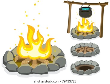 Cartoon illustration of campfire in 4 different situations.