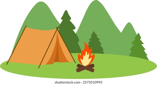 Cartoon illustration of a campsite with an orange tent and campfire nestled in a green mountain landscape.