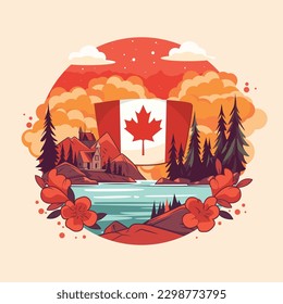 A cartoon illustration of a Canadian flag with a house and a house on the shore. Canada travel vector illustration in flat design style. Travel to Canada concept.