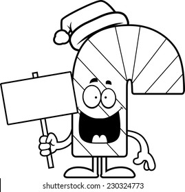 A cartoon illustration of a candy cane holding a sign.