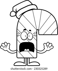 A cartoon illustration of a candy cane looking scared.