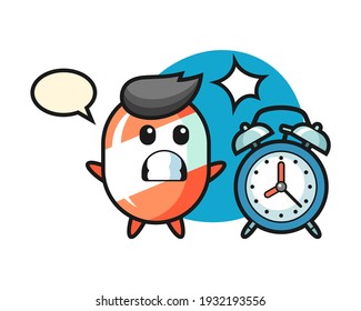 Cartoon illustration of candy is surprised with a giant alarm clock