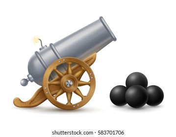 Cartoon illustration of cannon with cannonballs, weapon icon, EPS 10 contains transparency.