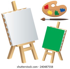 Cartoon illustration of canvas, easel, paintbrush and palette isolated on white background. There is a version of the canvas in green color, so you can easily replace it with your own image. 