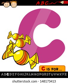 Cartoon Illustration of Capital Letter C from Alphabet with Candy for Children Education