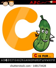 Cartoon Illustration of Capital Letter C from Alphabet with Cucumber for Children Education