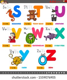 Cartoon Illustration of Capital Letters Alphabet Educational Set for Reading and Writing Practise for Elementary Age Children from S to Z