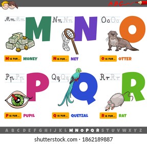 Cartoon illustration of capital letters from alphabet educational set for reading and writing practise for children from M to R