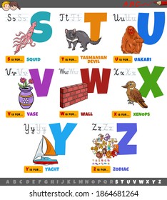 Cartoon illustration of capital letters alphabet educational set for reading and writing practice for elementary age children from S to Z