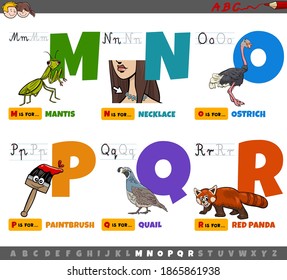 Cartoon illustration of capital letters from alphabet educational set for reading and writing practise for children from M to R