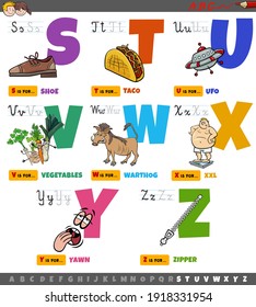 Cartoon illustration of capital letters alphabet educational set for reading and writing practice for elementary age kids from S to Z