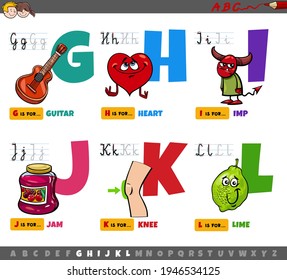 Cartoon illustration of capital letters from alphabet educational set for reading and writing practise for children from G to L