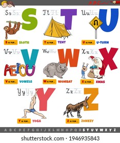 Cartoon illustration of capital letters alphabet educational set for reading and writing practice for elementary age children from S to Z