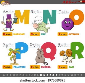 Cartoon illustration of capital letters from alphabet educational set for reading and writing practise for children from M to R