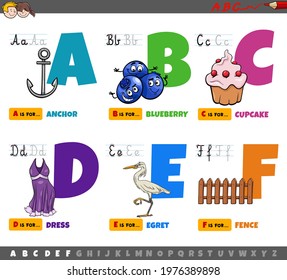 Cartoon illustration of capital letters from alphabet educational set for reading and writing practice for children from A to F