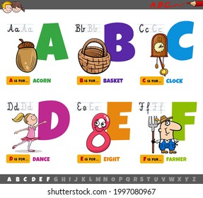 Cartoon illustration of capital letters from alphabet educational set for reading and writing practice for children from A to F