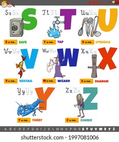 Cartoon illustration of capital letters alphabet educational set for reading and writing practice for elementary age children from S to Z