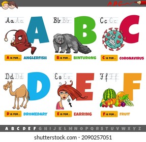 Cartoon illustration of capital letters from alphabet educational set for reading and writing practice for children from A to F