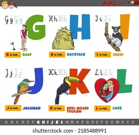 Cartoon illustration of capital letters from alphabet educational set for reading and writing practise for children from G to L