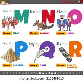 Cartoon illustration of capital letters from alphabet educational set for reading and writing practise for children from M to R