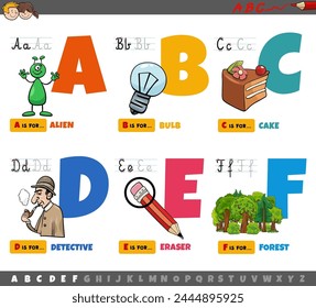 Cartoon illustration of capital letters from alphabet educational set for reading and writing practice for children from A to F