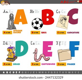 Cartoon illustration of capital letters from alphabet educational set for reading and writing practice for children from A to F