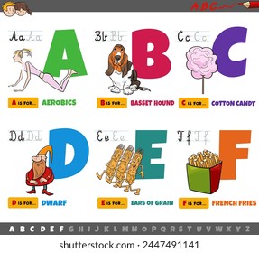 Cartoon illustration of capital letters from alphabet educational set for reading and writing practice for children from A to F