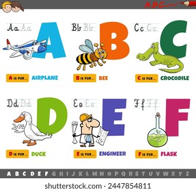 Cartoon illustration of capital letters from alphabet educational set for reading and writing practice for children from A to F