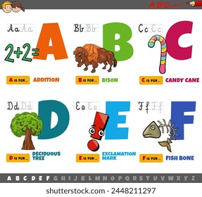 Cartoon illustration of capital letters from alphabet educational set for reading and writing practice for children from A to F