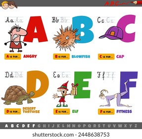 Cartoon illustration of capital letters from alphabet educational set for reading and writing practice for children from A to F