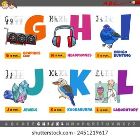 Cartoon illustration of capital letters from alphabet educational set for reading and writing practise for children from G to L