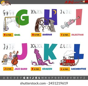 Cartoon illustration of capital letters from alphabet educational set for reading and writing practise for children from G to L