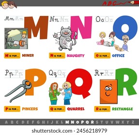 Cartoon illustration of capital letters from alphabet educational set for reading and writing practise for children from M to R