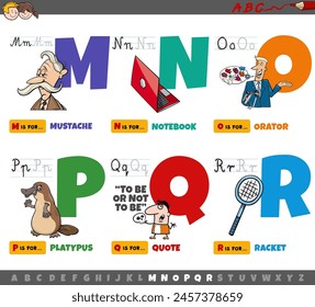 Cartoon illustration of capital letters from alphabet educational set for reading and writing practise for children from M to R