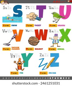 Cartoon illustration of capital letters alphabet educational set for reading and writing practice for elementary age children from S to Z