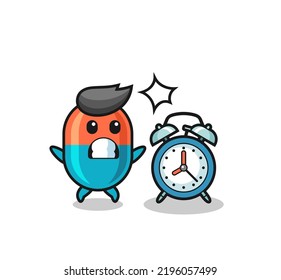 Cartoon Illustration of capsule is surprised with a giant alarm clock , cute style design for t shirt, sticker, logo element